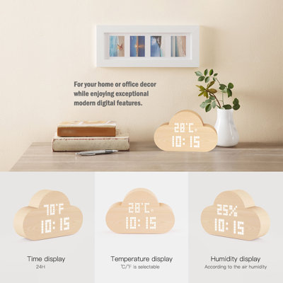 Wood Wooden LED Alarm Clock Despertador Electronic Desktop Digital Table Clocks With 3 Levels Adjustable Brightness Sound Control for Bedrooms Displays Time Temperature and Humidity Style 1