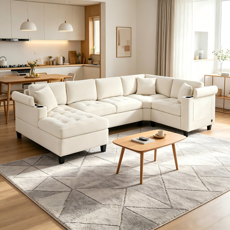 Canapé modulaire en U 115,7 po avec rangement, porte-gobelets et ports USB, Chenille beige