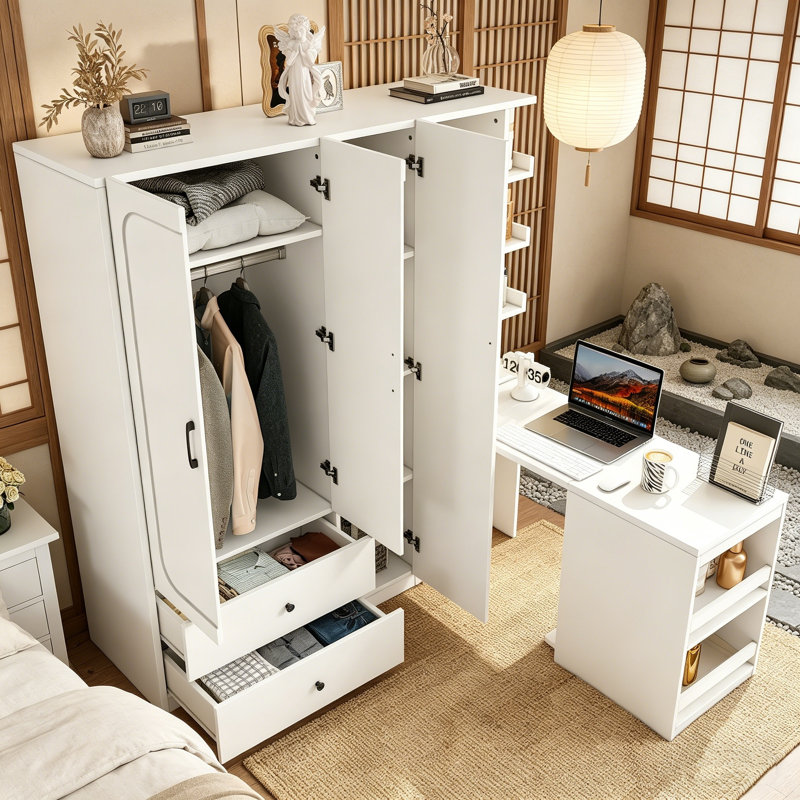 Multifunctional Wardrobe Closet,  Closet With Folding Vanity Desk, Drawers And Open Shelves, 3-Door Armoire With Hanging Rod, Dressing Table Storage Cabinet For Bedroom, White And Grey