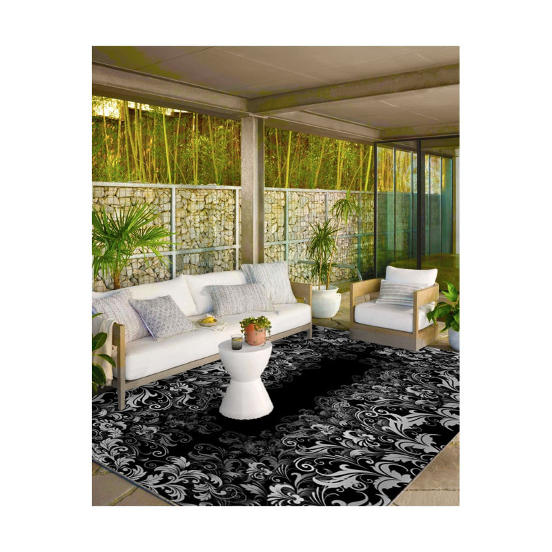 Tapis tissé à motif floral noir et blanc lavable, Sous-tapis carré 3 pi 3 po inclus