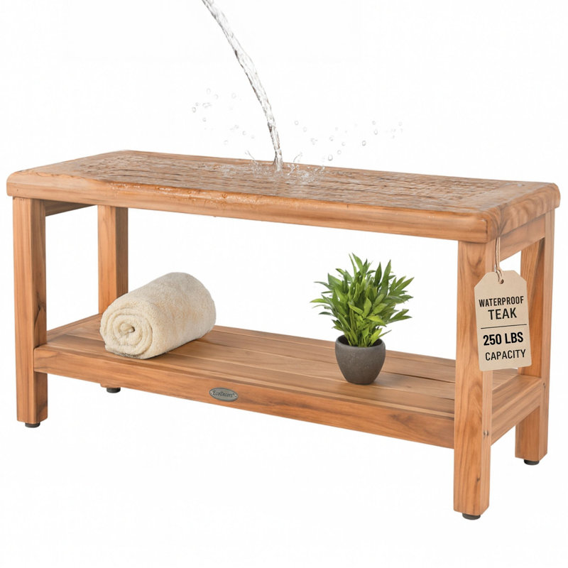 EcoDecors Eleganto Teak Shower/Garden Bench in Natural Earthy Teak, 35-inch Wide, Teak Shower Bench, Shelf, Teak Shower Stool, Teak Shower Seat, Shower Teak Bench, Natural Teak Color, 35 Inch, Teak Shower Bench for Inside Shower, 18 Inch Height