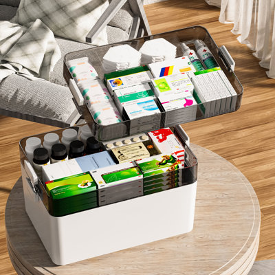 Large Capacity Medicine Storage Box With Easy- Grip Handles - Durable, Multi- Layered Plastic Pill Organizer For Household, Travel & Office Use Space Saving Sundries Storage Solution