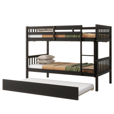 Twin Size Bunk Bed With Trundle, Rubber Wood Construction, Convertible Into Two Beds, Detachable Feature For Separate Use, Pull - Out Trundle Guests, High Guardrails , Easy To Assemble Over Bed, Made