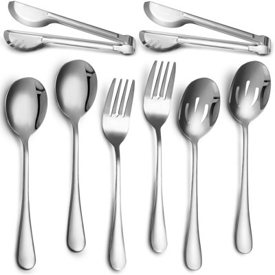 Ensemble d'ustensiles de service 8 pièces en acier inoxydable pour la cuisine, la restauration et le buffet - Comprend des pinces, une cuillère à rainure, une cuillère de service et une fourchette - poli miroir, coutellerie durable pour la cuisine, le