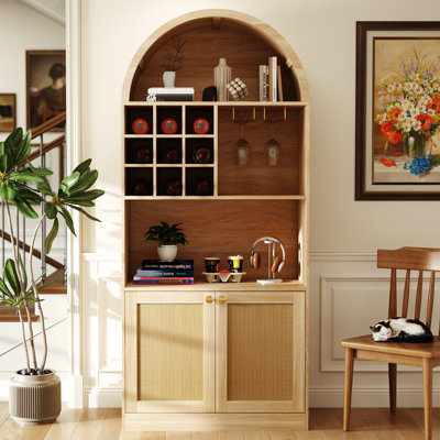 70.86" Height Arched Bar Cabinet With Wine Rack, Farmhouse Wine Cabinet With Rattan Cabinet And Open Shelves by Bay Isle Home