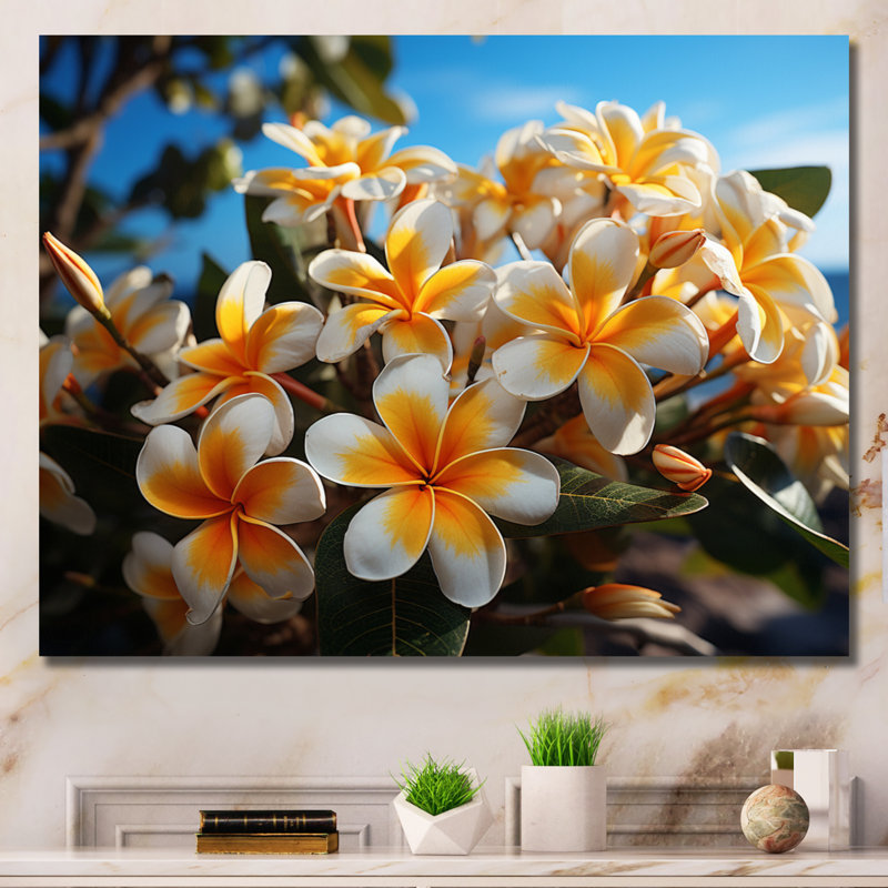 «White and Yellow Plumeria Tropical Splendor» sur impression sur toile, H 16 po x l 32 po x P 1 po, Toile tendue