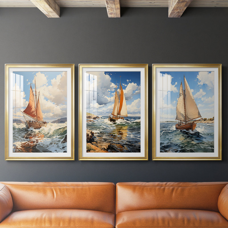 NAUTICAL Series CCACXVVII - Impression sur mesure de qualité supérieure avec mat - 3 pièces, H 19 po x l 27 po, Doré