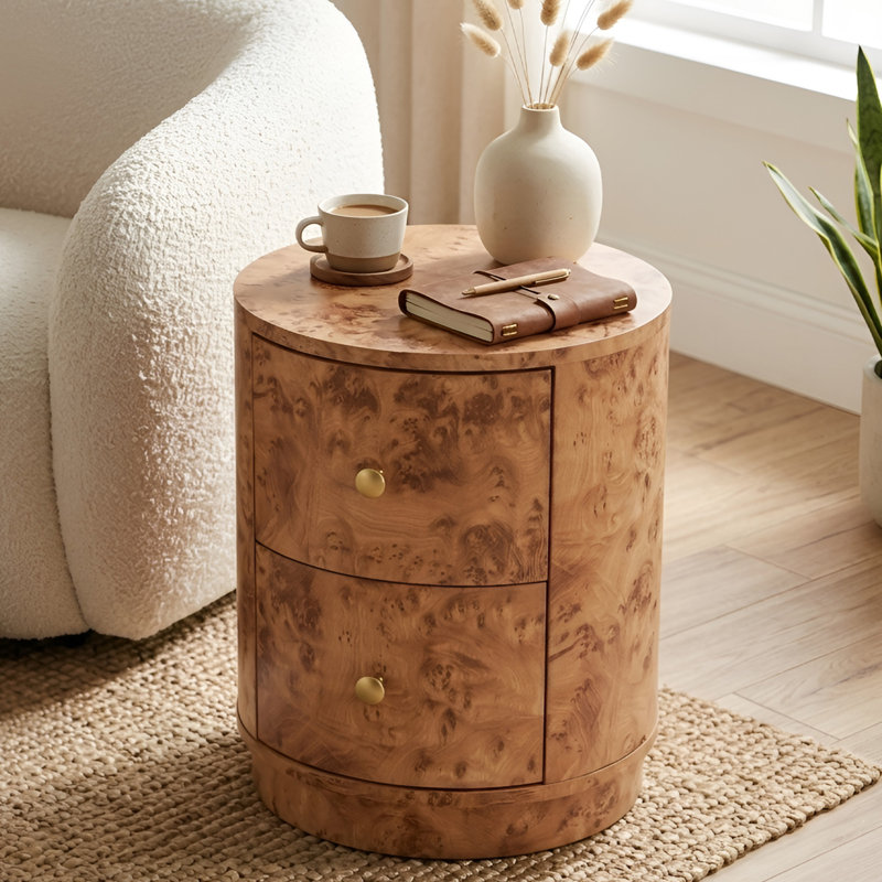 19.5" Accent Pillar Side Table, Warm Natural Brown Burl Wood, Brown