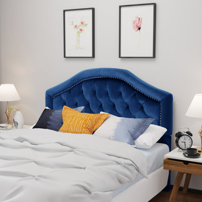 Grande et grande tête de lit en velours bleu marine - Chic contemporain avec capitonnage à boutons et jolis détails cloutés