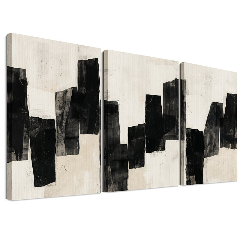 Ensemble de 3 tableaux abstraits verticaux noirs et beiges sur toile, 30"H x 20"W x 3pcs