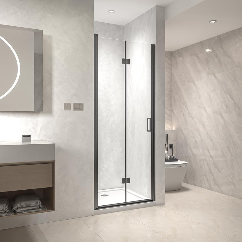 32" W X 72" H Pivot Bifold Frameless Glass Shower Door 1/4 Inch (6mm) Tempered Clear Glass Swing Shower Panel In Black Finish, Reversible Installation