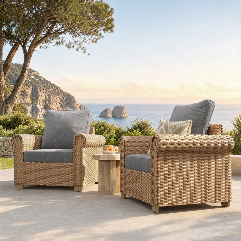 Ensemble de conversation pour terrasse pour 2 personnes en osier toutes saisons avec coussins, Gris