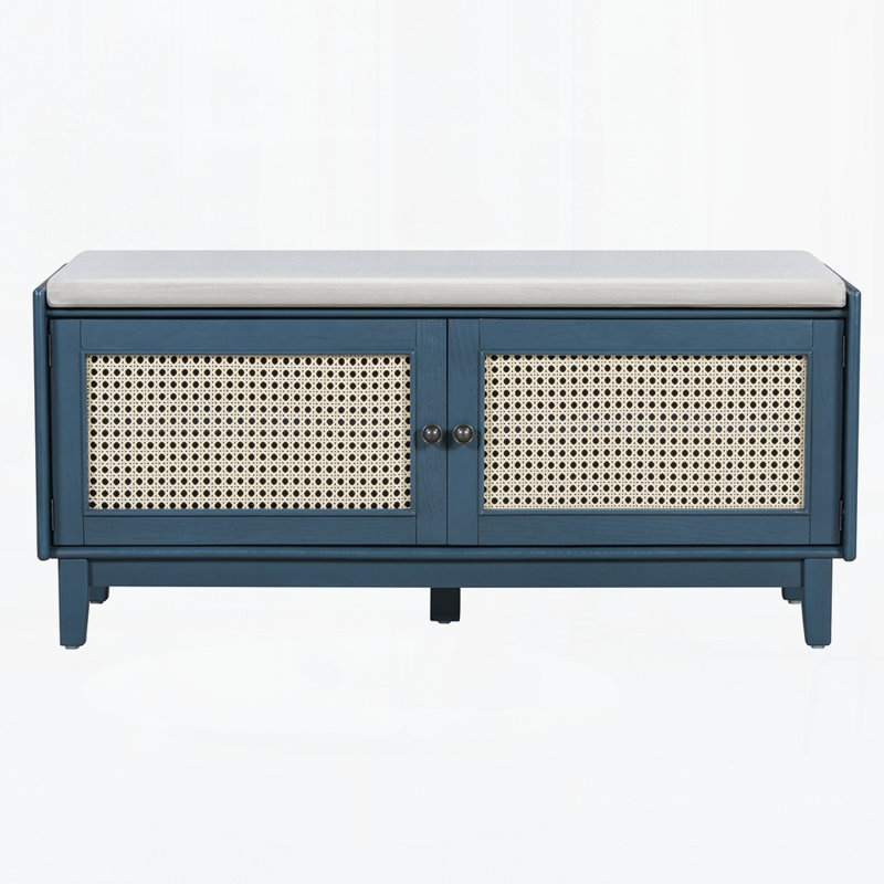 Banc d'entrée en rotin avec rangement Boho, Bleu marine antique / beige