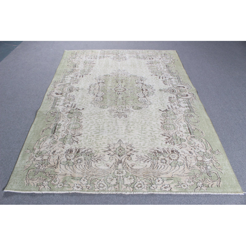 Grand tapis turc noué à la main en laine beige pour salle à manger de style bohème rétro