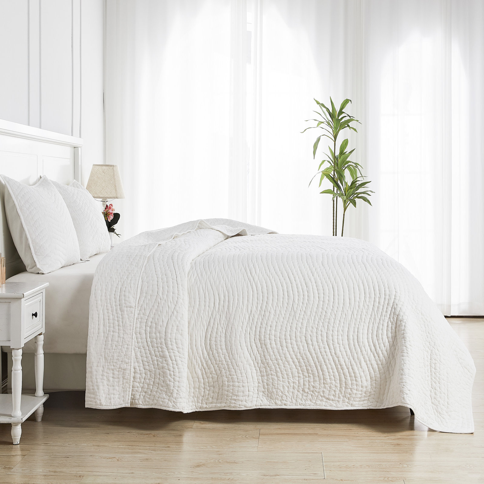 Cotton Wave Hand Stitch Voile Quilt Set, Twin Quilt + 1 Standard Sham, White