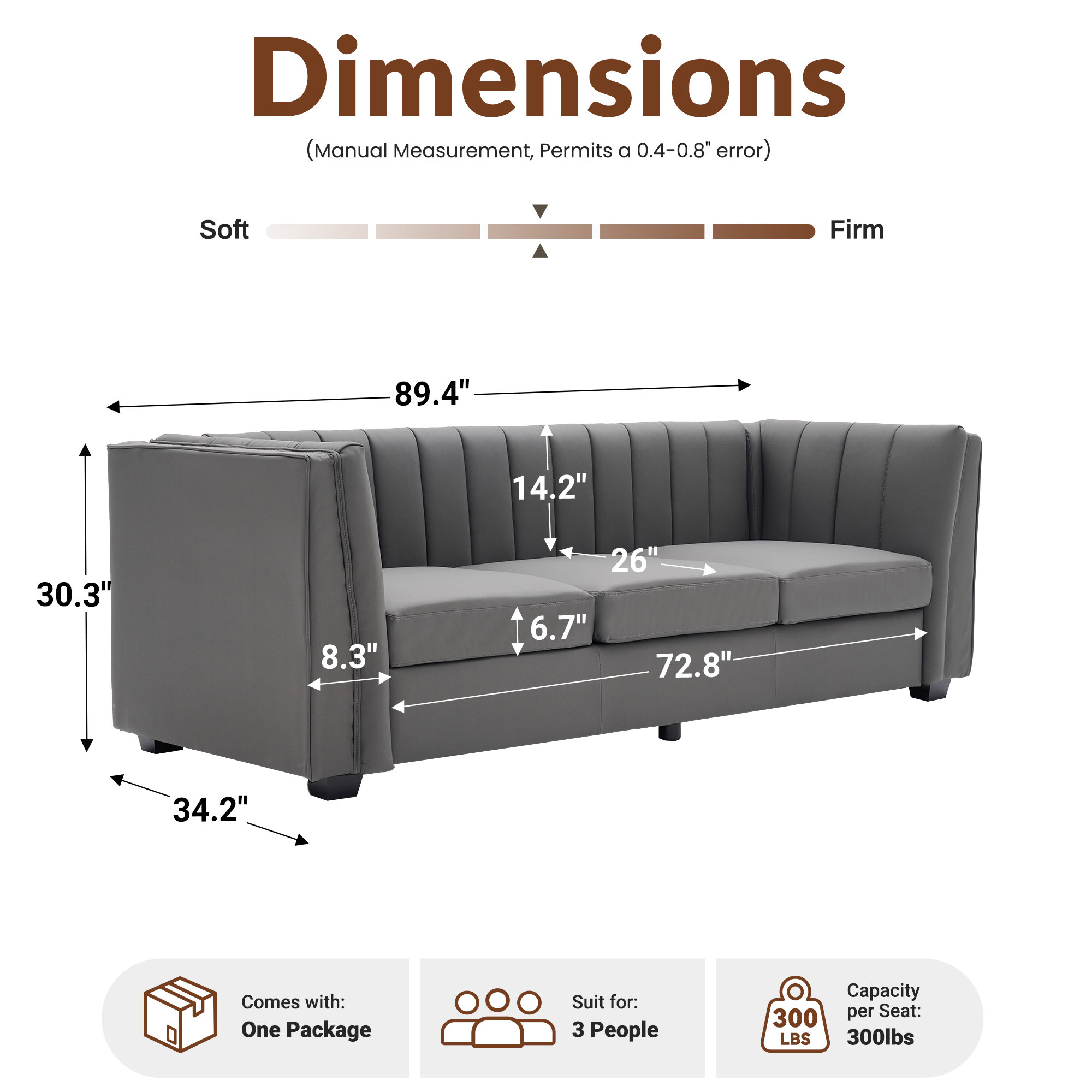Allard Velvet Living Room Sofa, Gray Faux Leather
