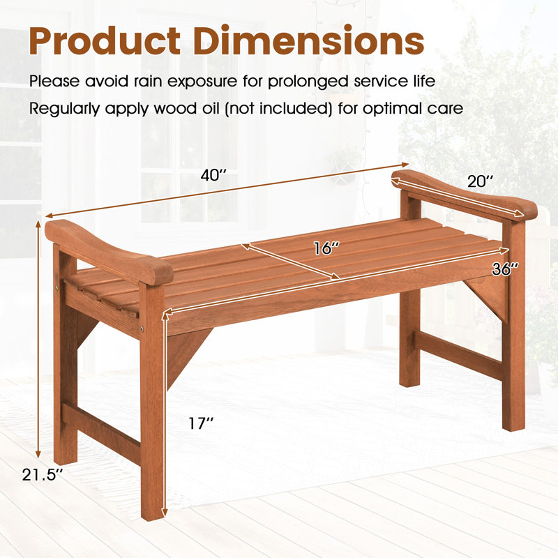 Banc de jardin sans dossier en bois massif (1 pièce) avec poignées de soutien et assise à lattes incurvées