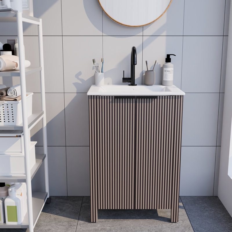 Meuble-lavabo sur pied brun de 30 po avec lavabo en céramique blanche, lavabo simple en résine, base en éraflure et contreplaqué, instructions d'assemblage pliables