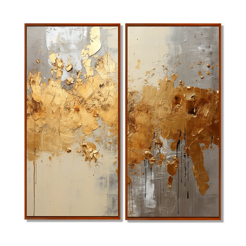Golden Gleam V - ensemble de 2 reproductions d'art sur toile dorées, H 32 po x l 32 po, Brun, Impression encadrée flottante