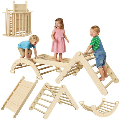 7-in-1 Foldable Wooden Climbing Triangle Set with Arch, Ramp & Ladder – Indoor Jungle Gym for Toddlers, 78x78x32cm