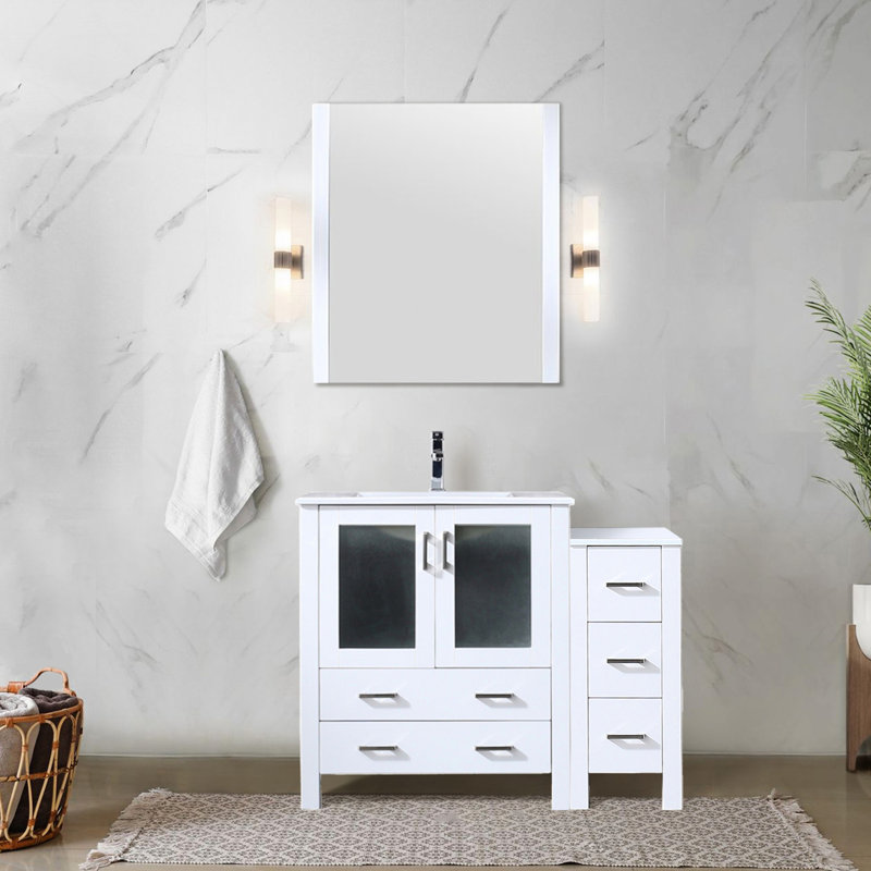 Blanc 42 po Meuble-lavabo de salle de bain avec armoire latérale, robinet, comptoir en céramique, miroir 28 po et meuble-lavabo robuste