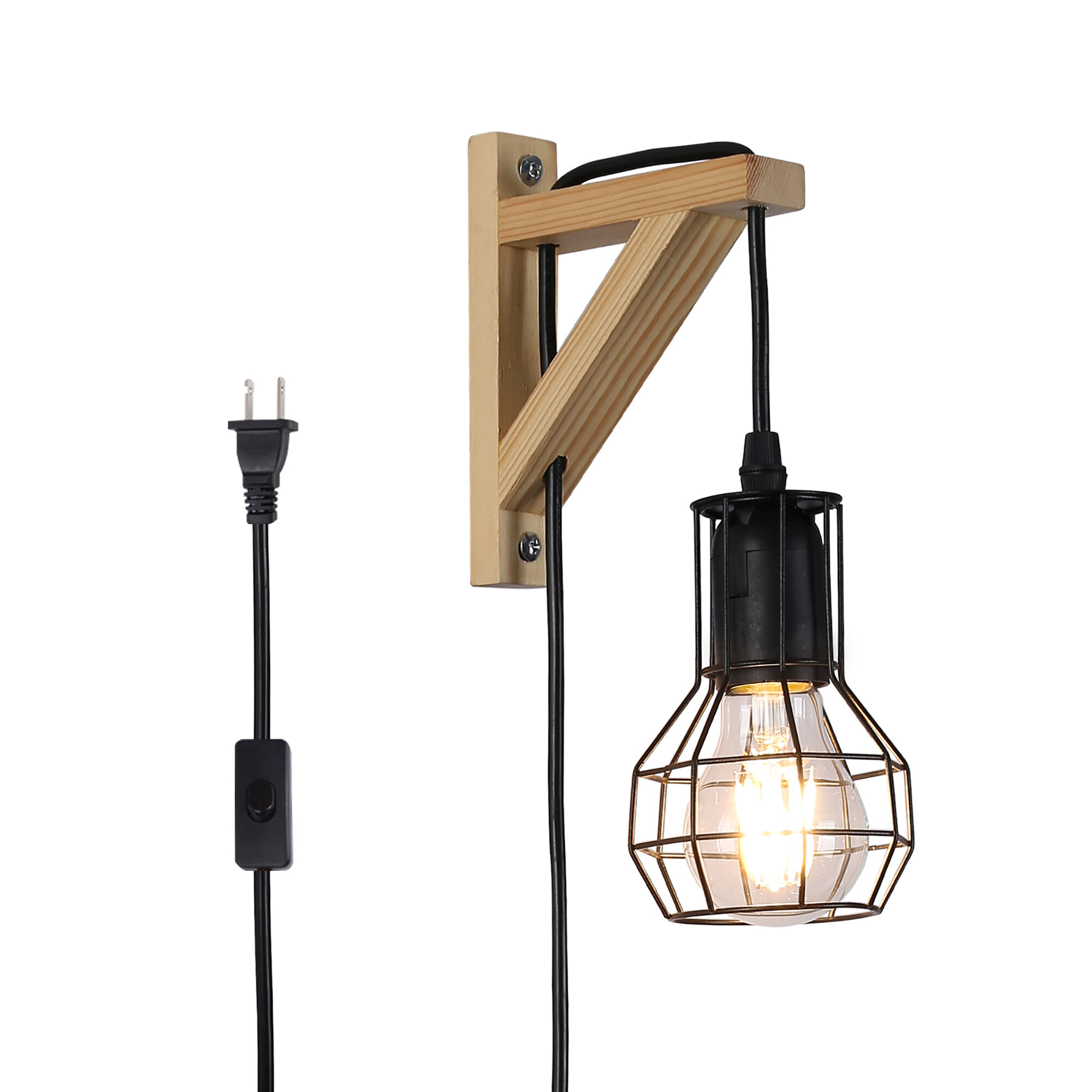 17 Stories Modern Industrial Plug in Cord Wall Lamp Black Wood Retro Rustic  Adjustable Hanging Wall Sconces  Reviews Wayfair