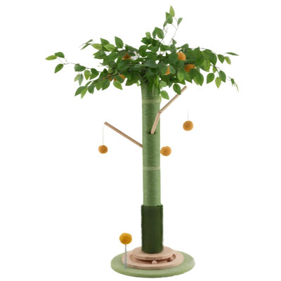 Cat Scratching Post, Natural Sisal Cat Tree, Self-groomer Brush, Stable 3-layer Solid Wood Base, Interactive Ball Track Toy