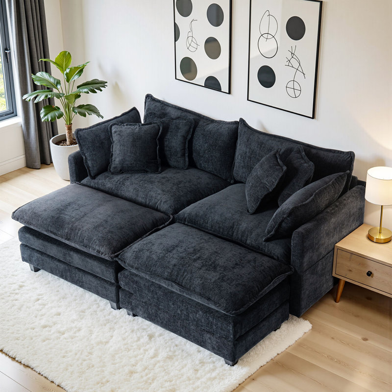 Canapé-lit modulaire en chenille | Canapé modulaire convertible Cloud Style, tissu doux, mobilier de salon moderne, Noir