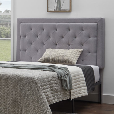 Lucid Upholstered Headboard with Square Border and Diamond Tufting, Adjustable Height 51.3"–59.1", Light Gray, Queen
