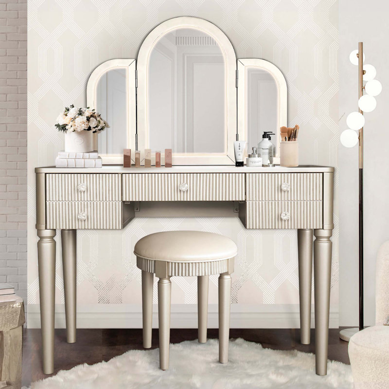 Ensemble de coiffeuse en miroir avec lumière DEL, ensemble de coiffeuse de chambre à coucher pour chambre / salle de maquillage, bureau de travail pour femme, ensemble de mobilier pour fille