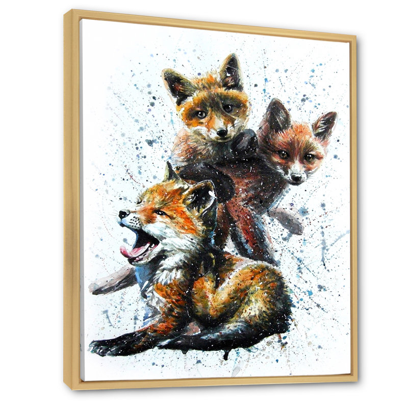 Petits renards - peinture, H 32 po x l 16 po x P 1 po, Cadre flottant brun