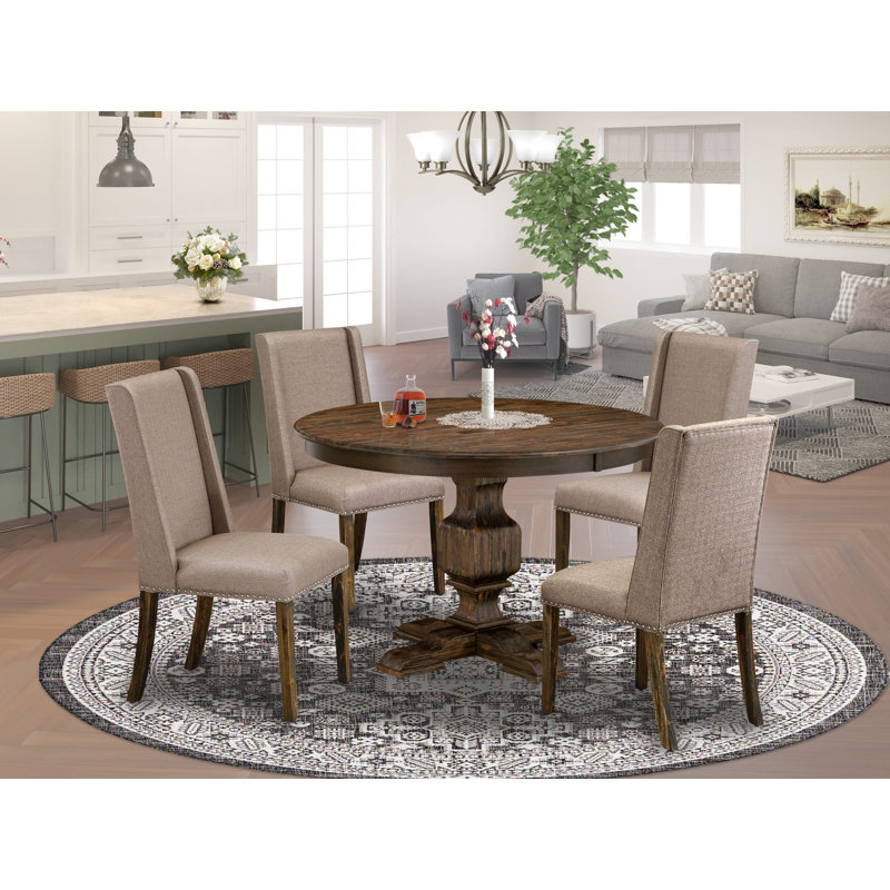 5 Piece Dinette Set Includes a Round Dining Table with Pedestal and 4 Dark Khaki Linen Fabric Upholstered Parson Chairs, Distressed Jacobean
