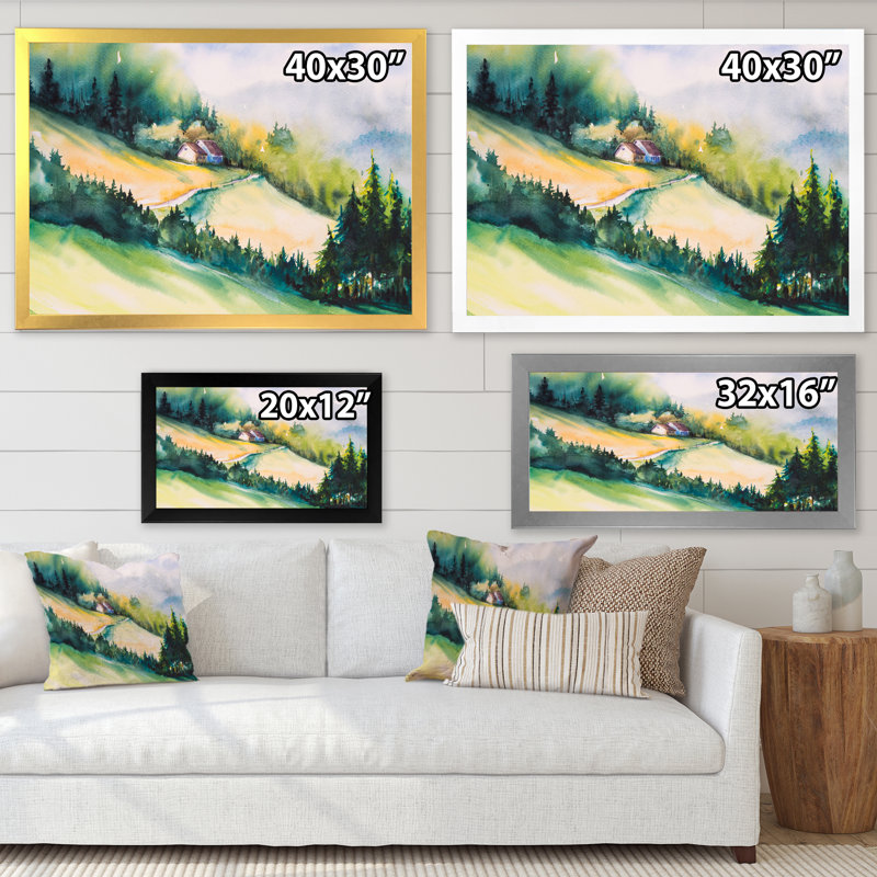 «Green Summer Landscape With Mountains», reproduction sur toile, H 16 po x l 32 po, Cadre photo noir