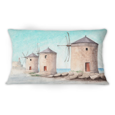 Paysage avec trois moulins à vent - Coussin décoratif imprimé industriel 1