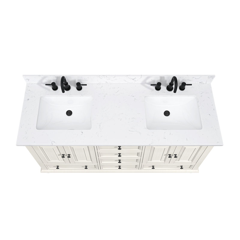 Thompson 61" Double Modern Bathroom Vanity Set, French White, Cala White, 60"