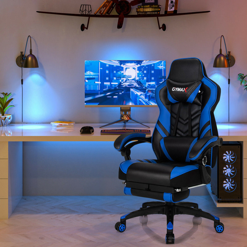 Gymax Adjustable Reclining Ergonomic Faux Leather Swiveling PC & Racing Game Chair with Footrest, Blue