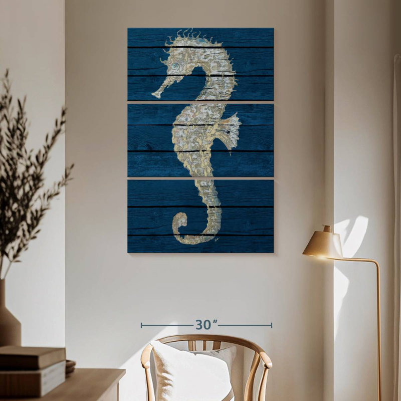 Hippocampe antique Brampt sur bleu II, H 32 po x l 20 po