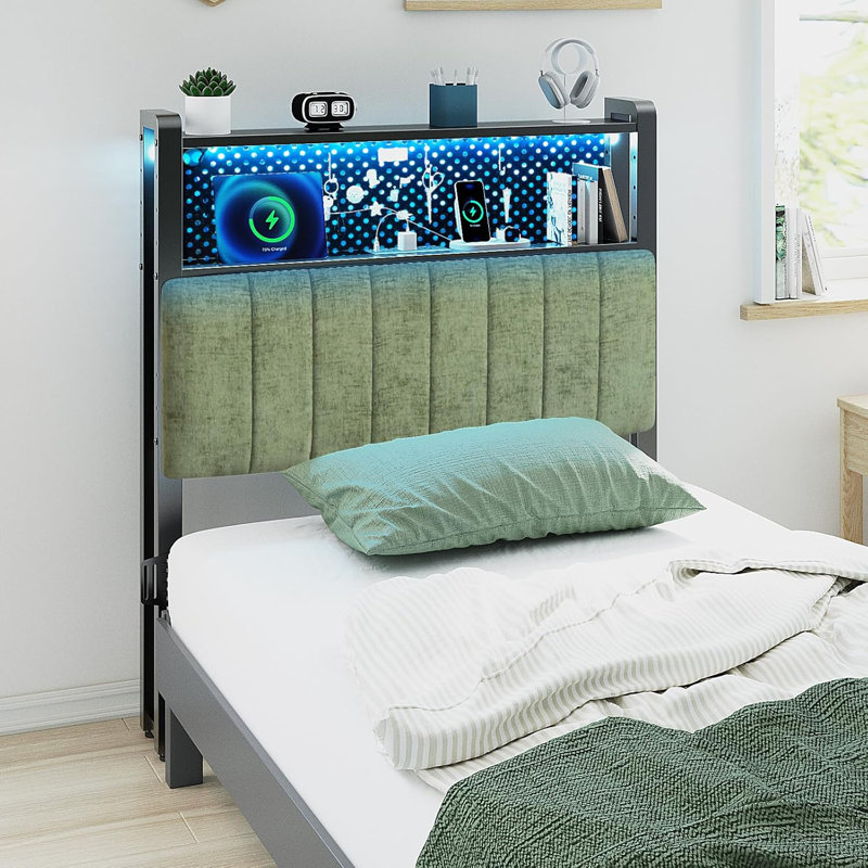 Queen Size Headboard, Adjustable Upholstered Headboard With 2 Tier Shelves And Pegboard With Charging Stations And LED Lights, Modern Bed Headboard With Storage Chenille And Forest Green