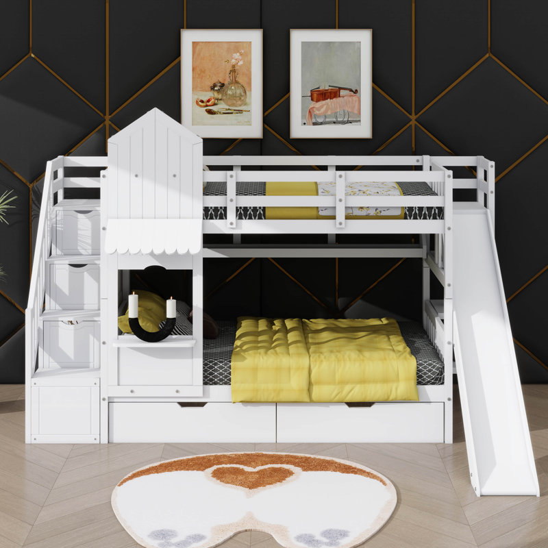 Full-Over-Full Castle-Themed Bunk Bed With 2 Drawers, 3 Shelves And Slide, White