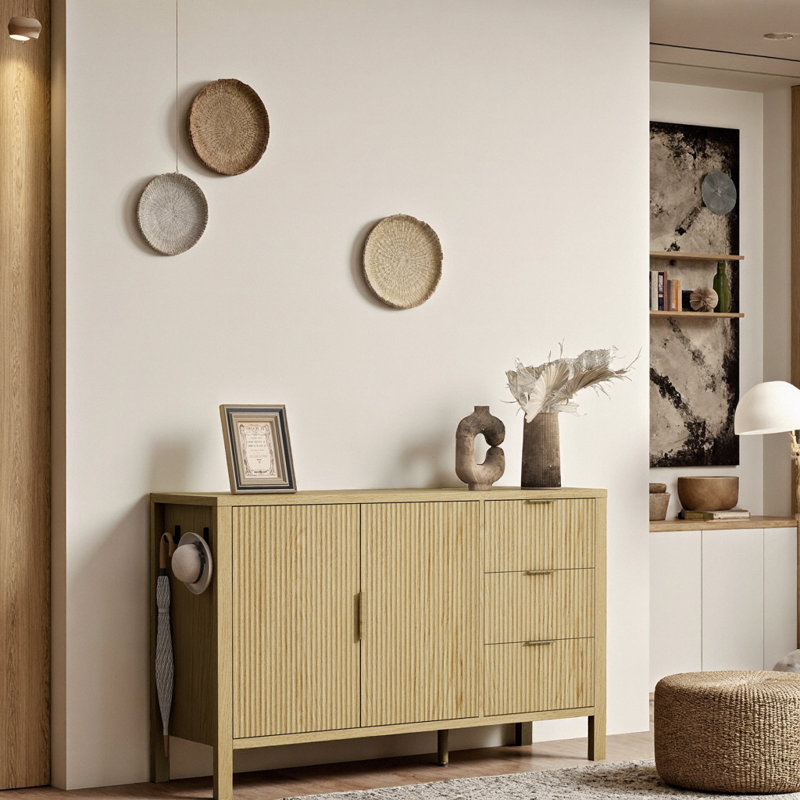 71" Wave-Pattern Modern Buffet Cabinet With 3 Drawers Hooks & Center Support - MDF Storage Unit, Brown