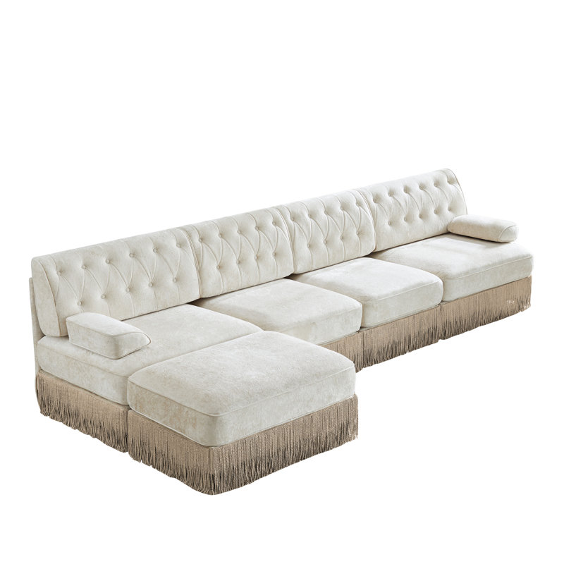 L-shaped, breathable, comfortable fringe-trimmed sofa, Beige Velvet, 34.2" H x 135.6" W x 60.3" D