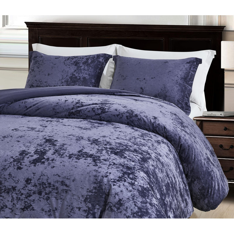 Lux Distressed Velvet Reversible Comforter Set, Queen Comforter + 2 Standard Shams, Purple