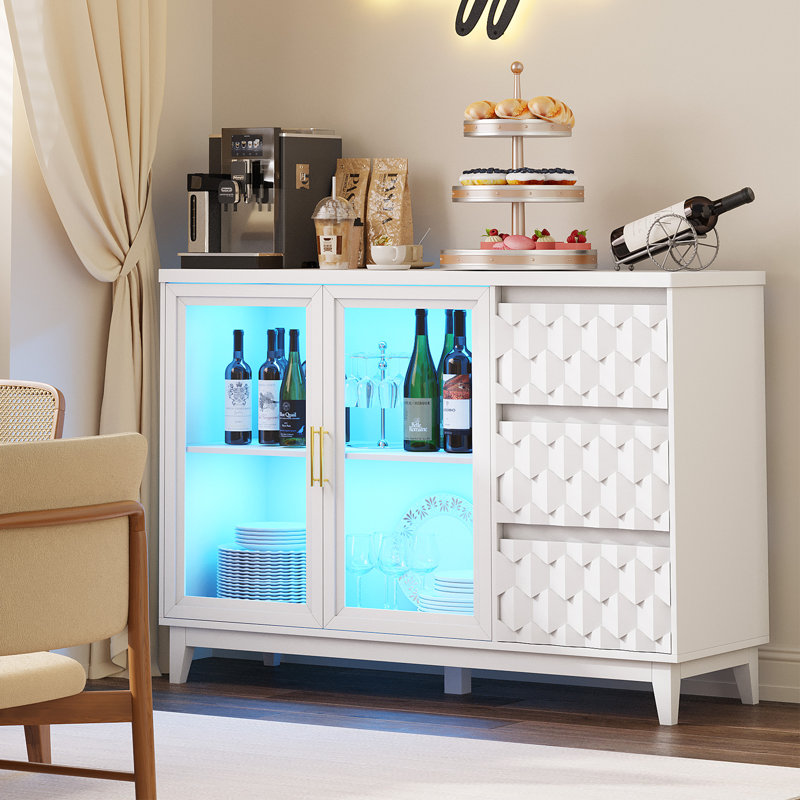 47.2"W 3-drawers Sideboard With Glass Door & 3-color LED Light, White