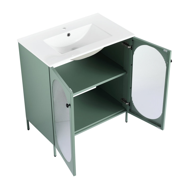 Meuble-lavabo de salle de bain moderne 30 po - Armoire autoportante en acier et céramique menthe, Green