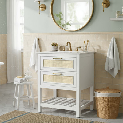 24-Inch Small Space Bathroom Vanity With Ceramic Top, Dark Brown Single Vanity With 1 Deep Drawer And 1 Tip-Out Drawer