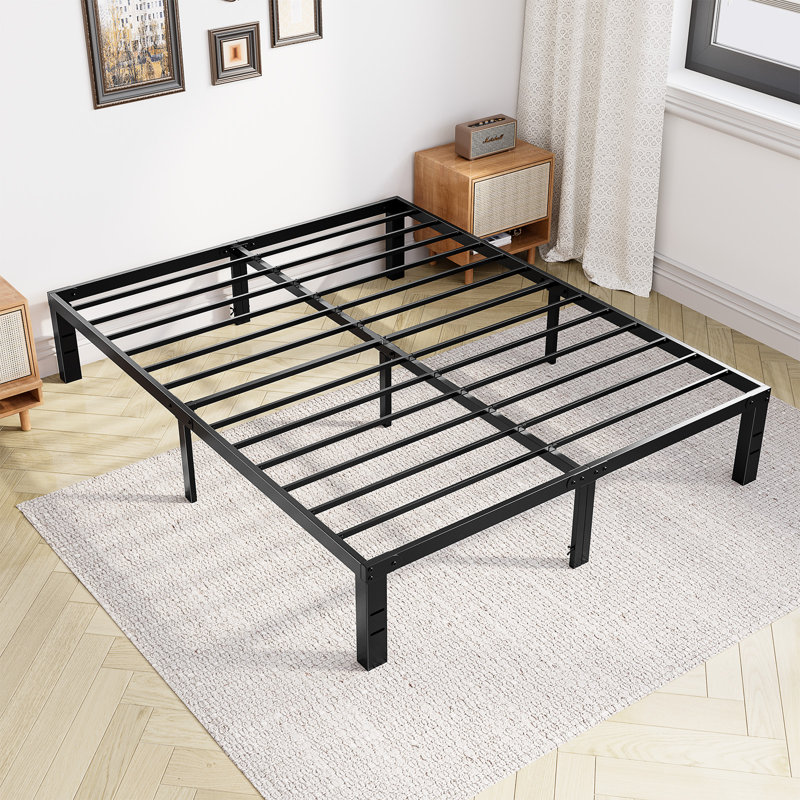 Lutherville 14'' Black Metal Platform Bed Frame With Steel Slat Support, No Box Spring Needed, Queen, 14"
