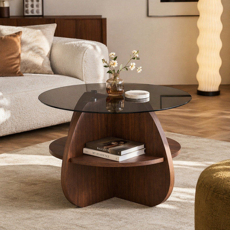 Table basse à structure croisée Creative avec plateau en verre trempé gris et rangement en forme d'éventail de couleur noyer. Parfait pour les salons, comme table basse ou table d'appoint. Idéal pour les petits espaces.