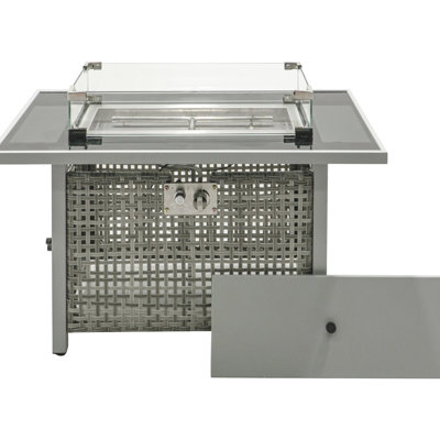 43" Rectangular Grey Open Weave Propane Fire Pit Table, 60000 , With Blue Glass Stones, Tempered Wind Guard, And 20Lbs Storage For Outdoor Fun 43 Inch Gas Output, Guard Stone Decoration Backyard