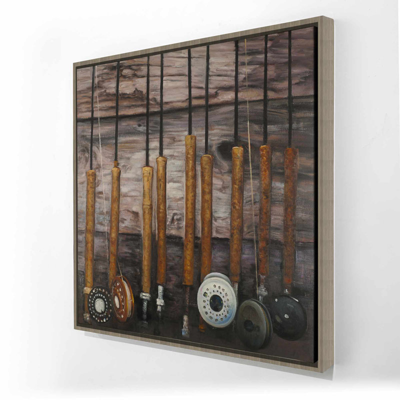 Cannes à pêche sur toile de bois | Décoration rustique encadrée
