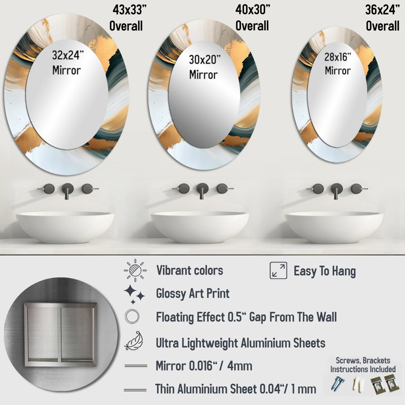 Silent Melody Of Golden Hard Edge Ink I - Gold Oval Wall Mirror Decor, 36" x 24"